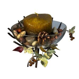 Metal Leaf Stand Yellow Decorative Candle In Glass Bowl  Natural Accent Stones